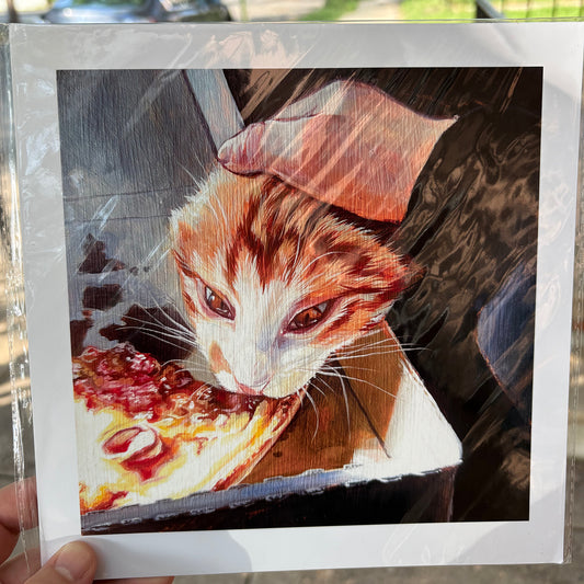 Cat Eating Pizza | 8.5 x 8.5 Print